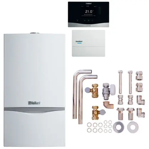 Vaillant Heizkessel in Weiß mit digitalem Thermostat, Zubehörteilen wie Rohren, Ventilen und Verbindungselementen auf hellem Hintergrund.